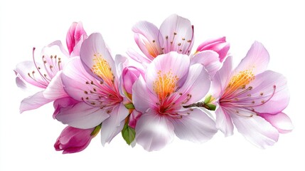 Naklejka premium Watercolor cluster of delicate pink rhododendron blossoms with yellow stamens on a soft white background.