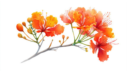 Watercolor of vibrant Royal Poinciana flowers blooming on a branch, orange and yellow petals, tropical elegance on white background.