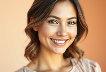 Softly lit portrait of a woman on a warm pastel background