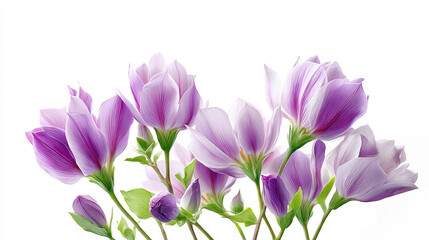 Fototapeta premium Elegant watercolor painting of Siam Tulip flowers with purple petals and green stems on a white background.