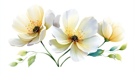 Fototapeta premium Three White Popinac flowers with soft green leaves in delicate watercolor style, pure and natural on a white background.