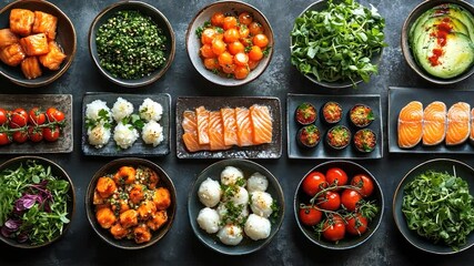 Assorted culinary delights displayed in bowls and platters.  Various dishes including fish, vegetables, rice, and appetizers.  Top-down view of a gourmet food spread.