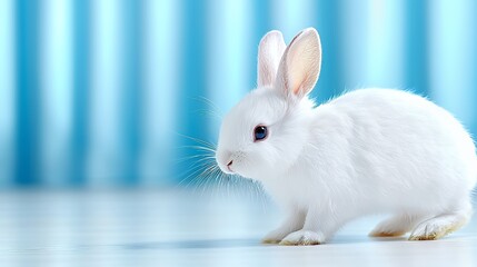 Fototapeta premium White Bunny Standing on Light Blue Surface in Soft Focus