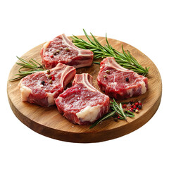 Fototapeta premium Raw Lamb Meat Chops on Wooden Board with Rosemary isolated on transparent background