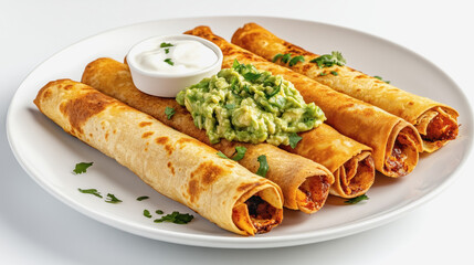 Top-down view of a rustic platter of crispy taquitos filled with flavorful ingredients for a delicious snack