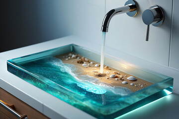 Creative bathroom sink design that resembles a beach with sand, shells and ocean waves.