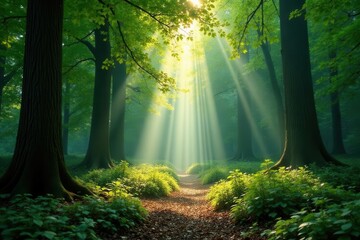 Sunlight streams through canopy, dappling forest floor , natural, vibrant