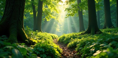 Naklejka premium Sunlight dappled forest floor, lush green undergrowth, green, undergrowth, shadow