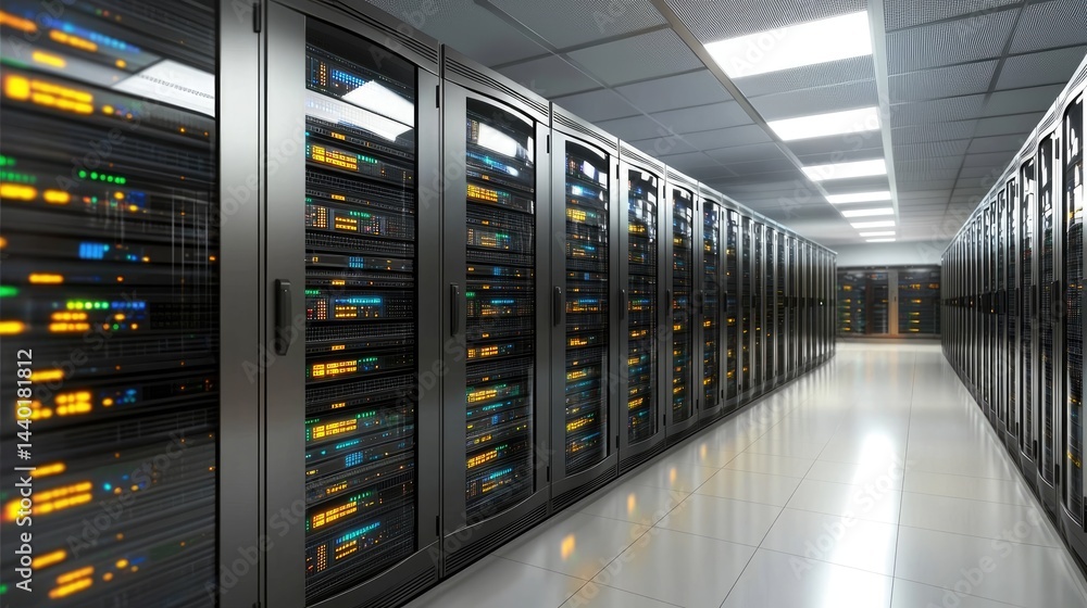 Poster large modern server room with bright lighting and glowing data indicators, ideal for cloud computing