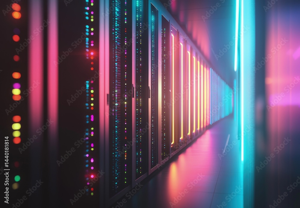 Poster Futuristic server corridor illuminated by colorful neon lights, creating a vibrant environment ideal for cloud computing visuals, cybersecurity branding, and technology innovation projects