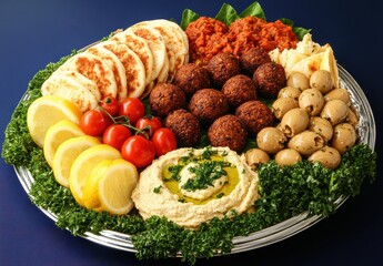Colorful Middle Eastern Platter with Hummus, Falafel, Grilled Vegetables, and Fresh Ingredients for a Delicious Feast