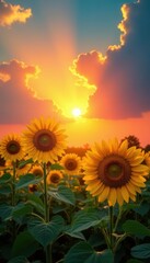 Fototapeta premium Tall sunflowers facing setting sun, clouds ablaze , orange, photography