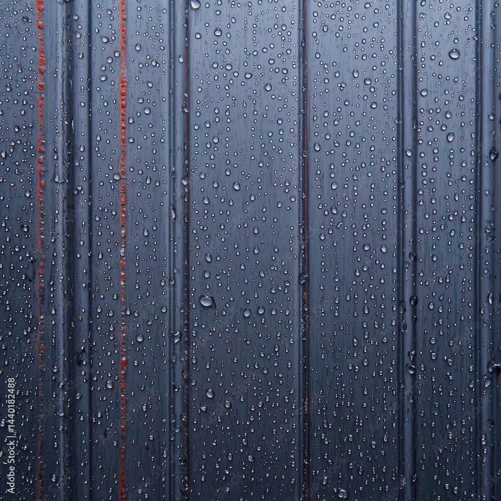 Poster rain drops clustered on a smooth metal wall surface showcasing a unique texture and reflective quali