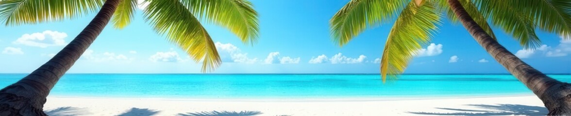 Obraz premium Two palm trees frame pristine white sand beach, turquoise water visible , sand, paradise