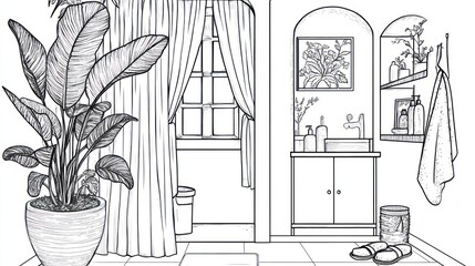 Relaxing bathroom interior design, plants, window