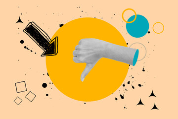 Collage of a woman hand with thumb down gesture on an orange circle on a beige background with a...