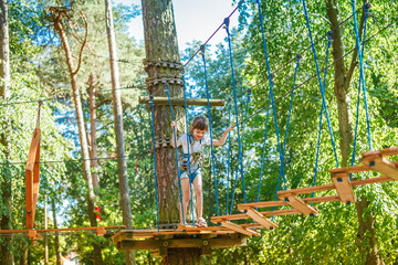 Young child confidently navigates a challenging suspended obstacle course in a lush forest setting