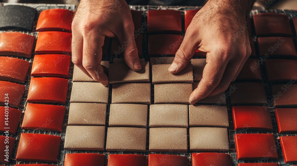 Poster creative individual engaged in the process of making a square shaped tile with focus and precision