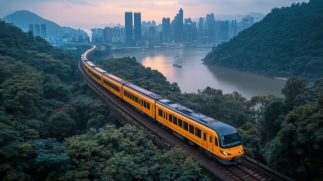 Yellow train moving along tracks in China, surrounded by trees and buildings, high-definition photograph. Perspective view of double railway tracks, overhead shot, dark blue sky above, 