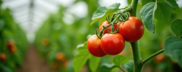 Obraz premium Abundant ripe tomatoes on sturdy plant inside greenhouse, red, food
