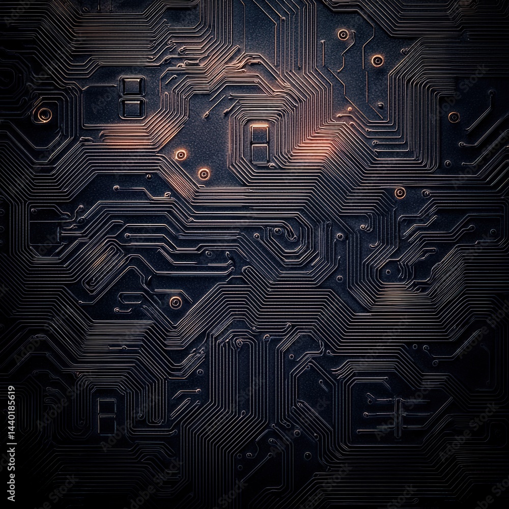 Poster brightly lit circuit board highlighting a glowing light element among various electronic components 