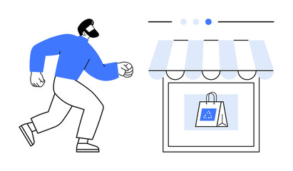 Person approaching a storefront with a shopping bag logo. Ideal for ecommerce, online shopping, business growth, retail, customer journey, entrepreneurship, simple landing page