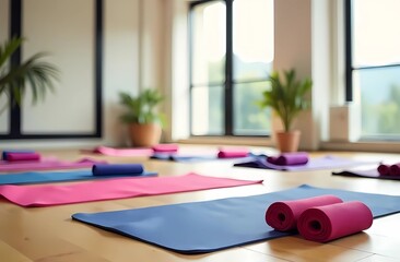 Sporting a yoga mat in a light room. An environment of peace and happiness. Harmony in sports.