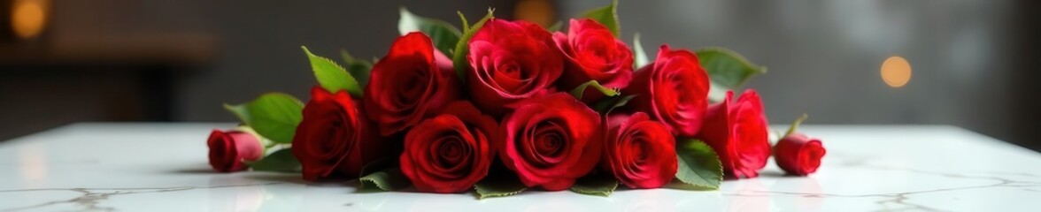 Obraz premium Luxurious red rose bouquet, centerpiece on a marble table , floral, petals, flowers