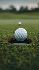 Golf ball on green grass next to the hole, blurred background with trees. Useful for sports blogs, advertising of golf equipment.