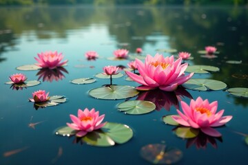 Intricate floral pattern formed by floating blossoms on a tranquil lake , floating, background