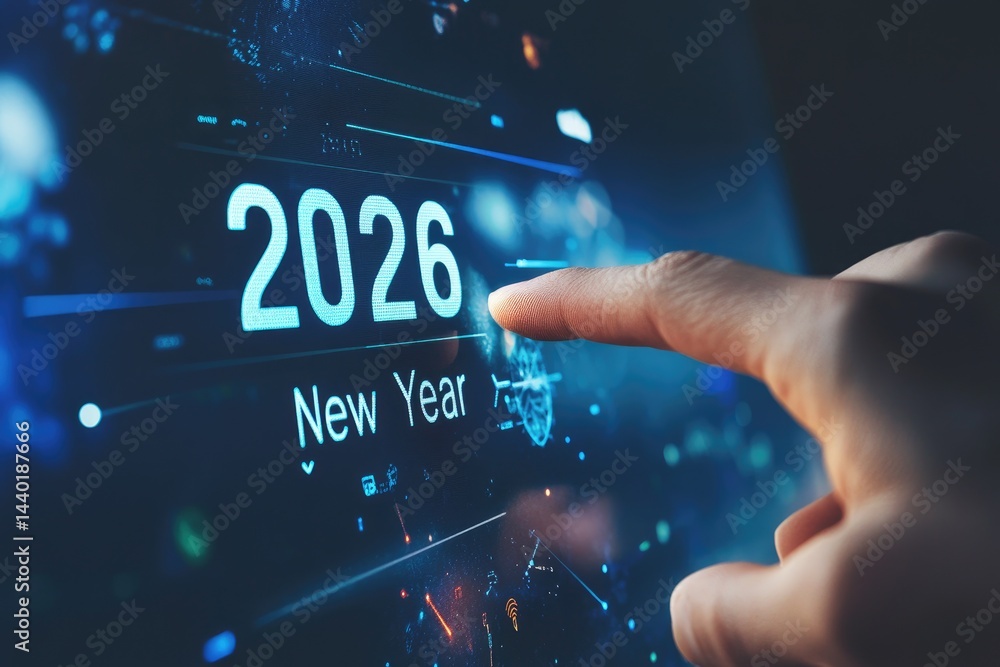 Poster finger touching screen displaying 2026 new year in bright blue with bokeh and light trail elements a