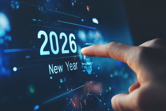 Finger Touching Screen Displaying 2026 New Year in Bright Blue with Bokeh and Light Trail Elements Against Dark Background - Powered by Adobe