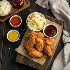 **Top-down perspective of crispy fried chicken** served with dipping sauces, coleslaw, and mashed potatoes on a dark rustic surface.