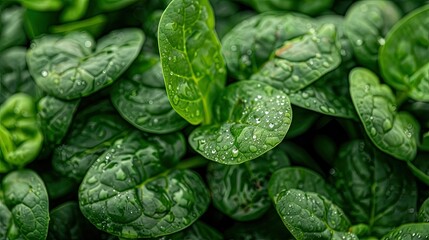 Close-up of fresh, dewy spinach leaves in a bunch