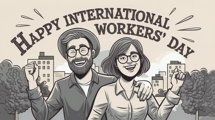 Happy international workers' day vintage style drawing of smiling man and woman with fists raised in city background. Labor day celebration motion footage for holiday greetings.