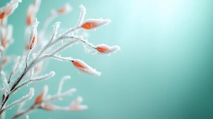 Frosted branch detail Orange buds covered in frost on a blue background