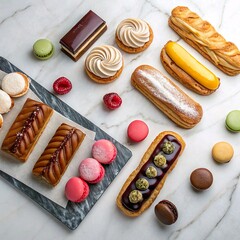 **Flat lay of assorted pastries** including danishes, éclairs, and macarons, arranged elegantly on a marble countertop.