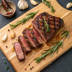**Freshly grilled steak** sliced and arranged on a wooden cutting board with rosemary and garlic cloves, shot from above.