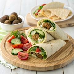 **Vegetarian falafel wraps** with hummus, fresh veggies, and tahini, neatly folded on a wooden serving platter.