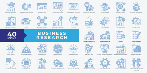 Business Research icon collection set. Containing business, research, data analysis, market, innovation, strategy, planning, profit, business goal and report. Simple blue line vector illustration.