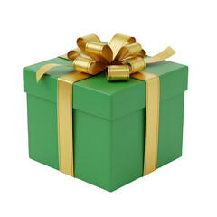 Green gift box with Elegant golden ribbon and Elegant golden bow on white or transparent background, PNG
