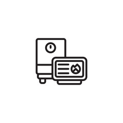 A water heater or boiler unit next to a control panel displaying horizontal lines and a flame icon.