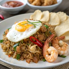 **Traditional Indonesian Nasi Goreng**, plated with a sunny-side-up egg, fried shallots, and shrimp crackers, garnished with fresh chili.