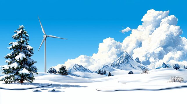Snowy Winter Landscape with Wind Turbine and Pine Trees