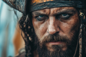 Fierce Pirate with Rugged Beard and Hat Standing Before a Sailing Ship at Sunset Generative AI