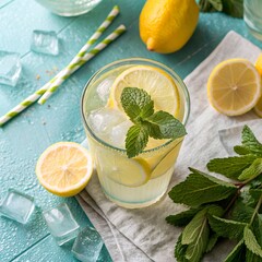 **Refreshing iced lemonade flat lay**, with sliced lemons, mint leaves, and ice cubes on a textured summer backdrop.