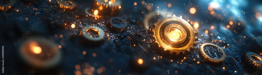 Poster gears glowing golden on dark textured background a macro shot of interlocking cogwheels and metallic