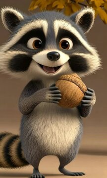 Cute raccoon holding a nut with a joyful expression in a warm, inviting background