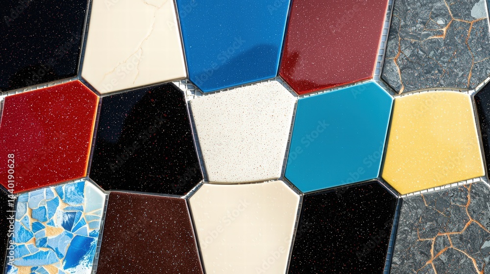 Poster an intricate and colorful mosaic tile pattern creating a beautiful visual display of artistry and de
