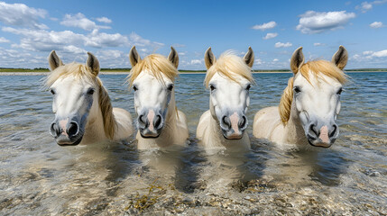 Four Majestic White Horses Wading in Clear Water Under Blue Sky